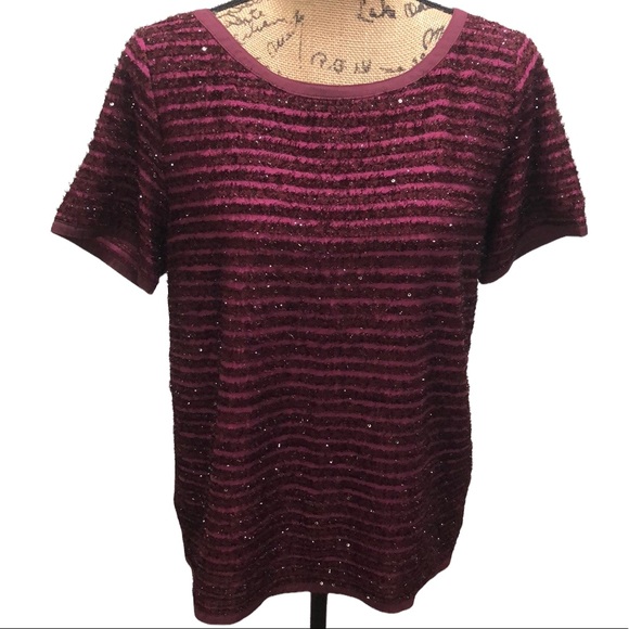 {Loft} Burgundy Fuzzy Sequin Striped Top - Picture 1 of 10